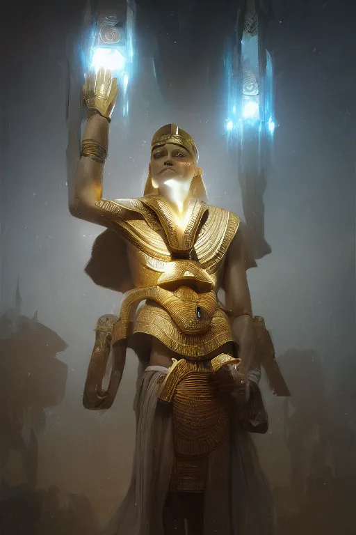 Prompt: egyptian god, light, intricate, elegant, volumetric lighting, digital painting, highly detailed, artstation, sharp focus, illustration, ruan jia, rutkowski