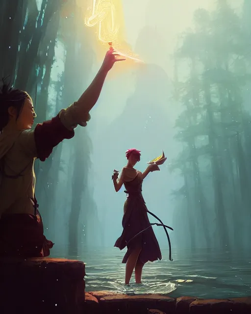 Image similar to highly detailed vfx portrait of a mage casting a water spell, unreal engine, greg rutkowski, loish, rhads, beeple, makoto shinkai and lois van baarle, ilya kuvshinov, rossdraws, tom bagshaw, alphonse mucha, global illumination, detailed and intricate environment