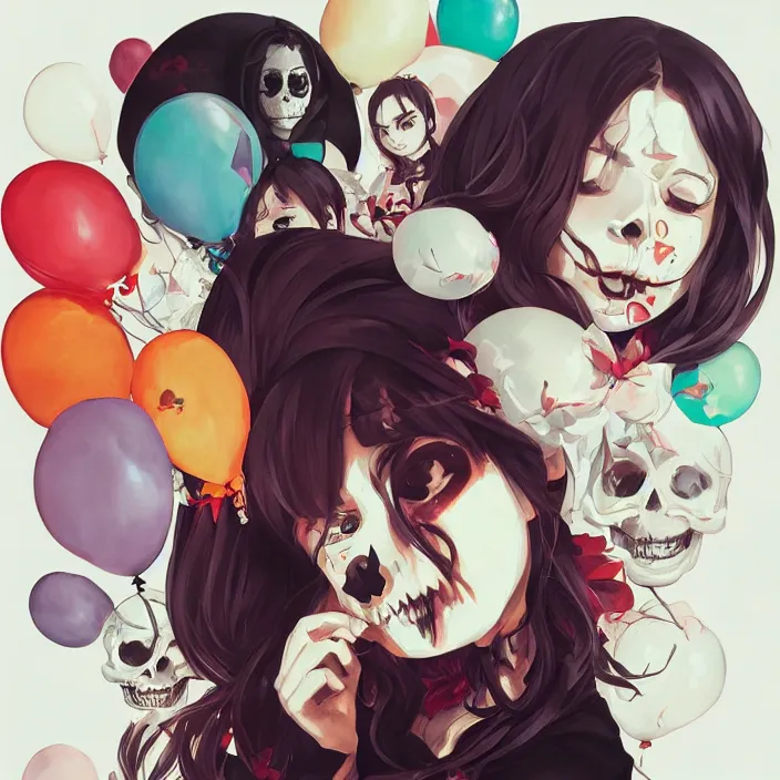 Image similar to anime skull portrait woman, balloons, mucha, hard shadows and strong rim light, art by jc leyendecker and atey ghailan and sachin teng