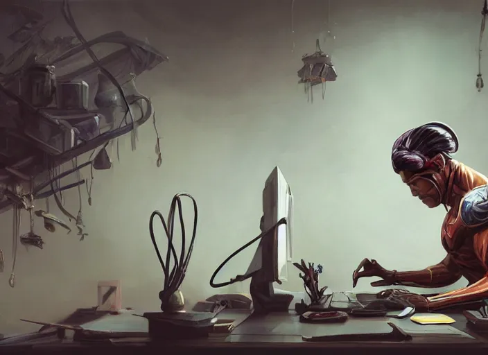 Image similar to an insanely detailed painting of an asian man wearing a homemade superhero costume, sitting at a desk, staring seriously at the computer and typing, in the style of peter mohrbacher, james jean, artgerm, dramatic lighting and composition, surreal background, octane render, pixar, trending on artstation, concept art, comic book, view from behind, 8 k