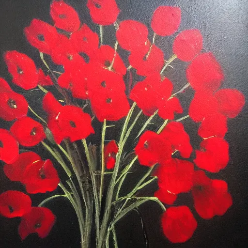 Image similar to oil painting of many various red flowers painted on a black background, dark atmosphere, realistic flowers oil painting