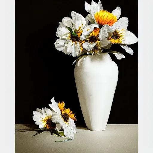 Prompt: a white ceramic vase, with colored flowers, complementary colors, studio photo, photorealism, symmetry.