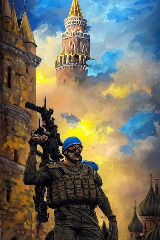 Image similar to special forces soldier raising ukrainian blue and yellow flag, kremlin st. basil cathedral in the background, masculine figure, d & d, fantasy, bright atmosphere, volumetric lights, intricate, elegant, extremely detailed, digital painting, artstation, concept art, matte, smooth, sharp focus, hyper realistic, illustration, art by artgerm and greg rutkowski and alphonse mucha