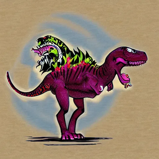 Prompt: princess T-Rex in the style of Ed Hardy