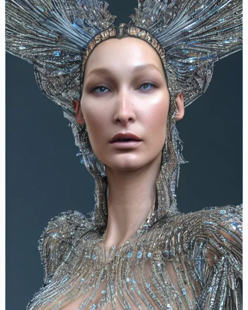 Image similar to a highly detailed metahuman 4 k close up render portraitof an alien goddess bella hadid as nymph in iris van herpen dress schiaparelli in diamonds crystals swarovski and jewelry iridescent in style of alphonse mucha gustav klimt trending on artstation made in unreal engine 4