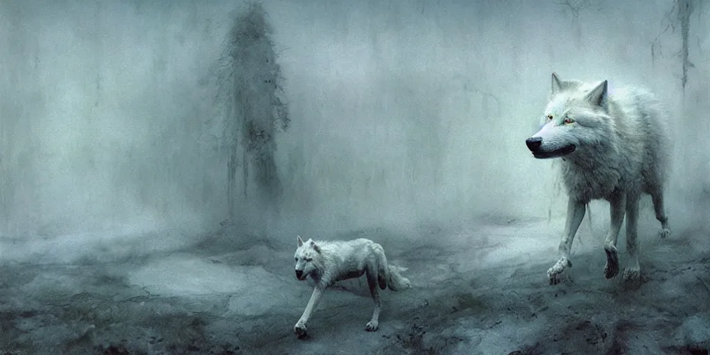 Image similar to a white wolf walks through a nightmare landscape, sad, emotive, high detail, by beksinski and ruan jia