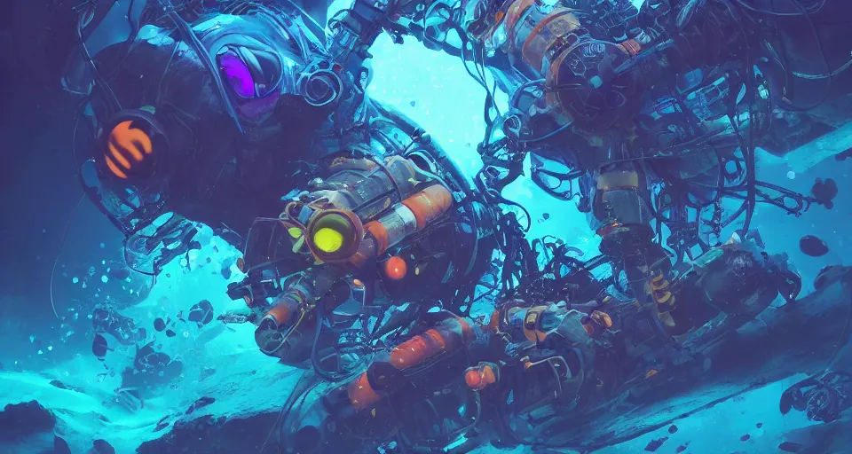 Image similar to bioluminescent underwater cyberpunk life fighting, blue, orange, purple, cyberpunk submersible, deep ocean, bottom of the sea, dark, extreme depths, organic, mariana trench, midnight zone, bubbles, hyper realistic, hyper detailed, digital art, trending in artstation, studio quality, photorealistic, photo, by jesper ejsing, wlop, paul lehr