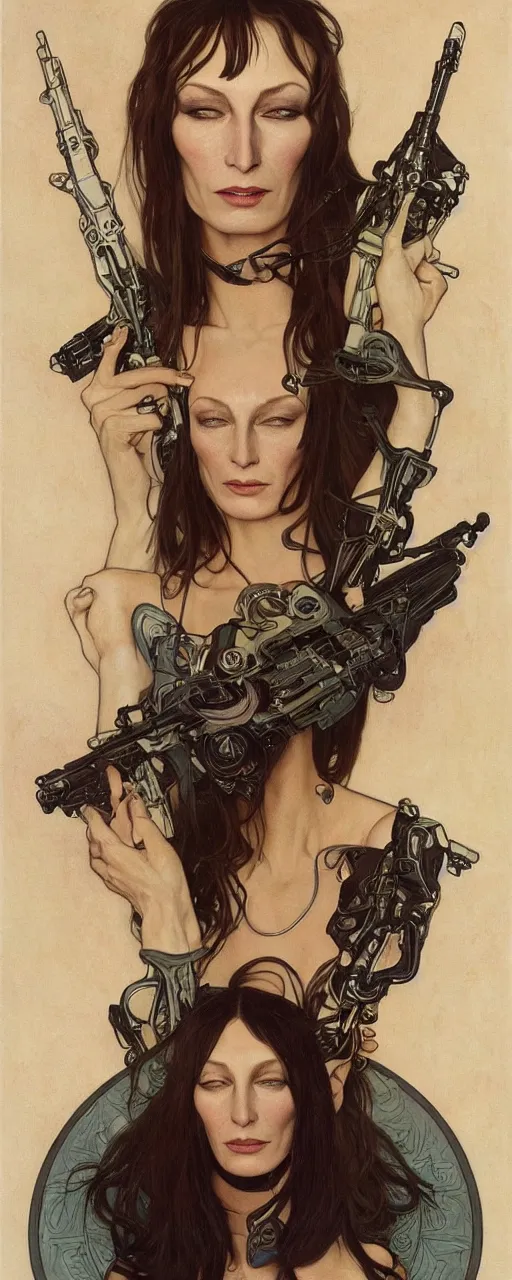 Image similar to beautiful enticing cyberpunk art nouveau style portrait of anjelica huston as a chic street soldier by olivia de bernardinis, moebius, chris achilleos and alphonse mucha, photorealism, extremely hyperdetailed, perfect symmetrical facial features, perfect anatomy, ornate declotage, latex, weapon, high technical detail, confident expression, wry smile