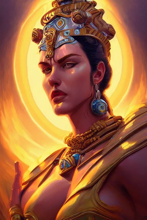 Image similar to The Godess Hera looking angry, radiating a glowing aura, detailed armor, portrait, highly detailed, digital painting, artstation, concept art, smooth, sharp focus, beautiful face, symmetric face, enchanted, official fanart, behance, HD, blue and yellow theme, by Jesper Ejsing