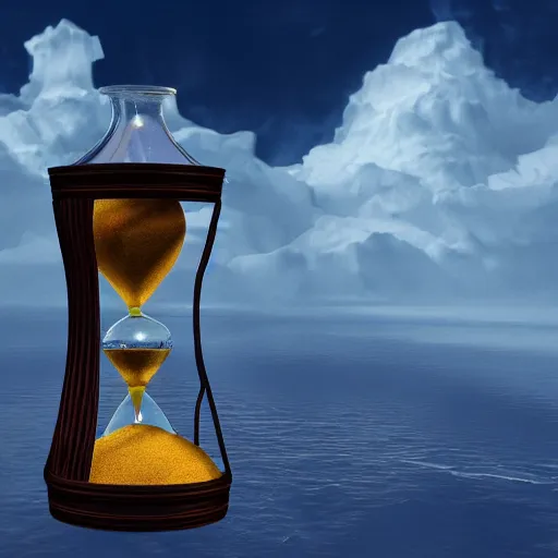 Prompt: An hourglass containing clouds, 3d model, 8k, 4k, bright, horrifying, surreal, Thomas Kincade