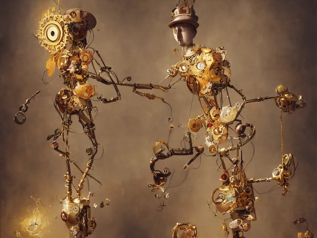 Image similar to a clockwork marionette made of fabric and gold by peter mohrbacher, photorealistic, puppet, strings, 8 k