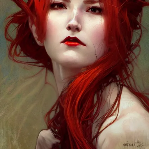 Prompt: portrait of a menacing beautiful vampire, face only, by Stanley Artgerm Lau , greg rutkowski, thomas kindkade, alphonse mucha, loish, norman rockwell, J. C. Leyendecker. red hair, pale skin, sinister complexion. D&D, fantasy. Trending on artstation rule of thirds extremely detailed illustration hd 4k