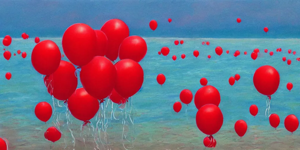 Prompt: many red balloons swimming in sea, highly detailed, realistic, dramatic,