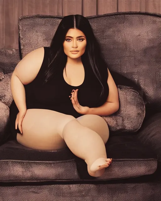 Prompt: film still of obese 3 0 0 - pound kylie jenner seated in a sofa eating mcdonald's, vibrant high contrast, octane, arney freytag, cinematic, portrait, backlit, rim lighting, 8 k