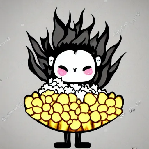 Image similar to fluffy popcorn hit by lightning, yokai, in the style of a manga character, with a smiling face and flames for hair, sitting on a lotus flower, white background, simple, clean composition, symmetrical