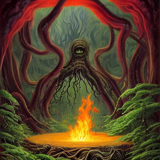 Image similar to a beautiful matte painting of an eldritch horror emerging out of an evil flaming and smoking portal into a lush forest, art by kelly freas and joe sorren, f 1 6, trending on artstation