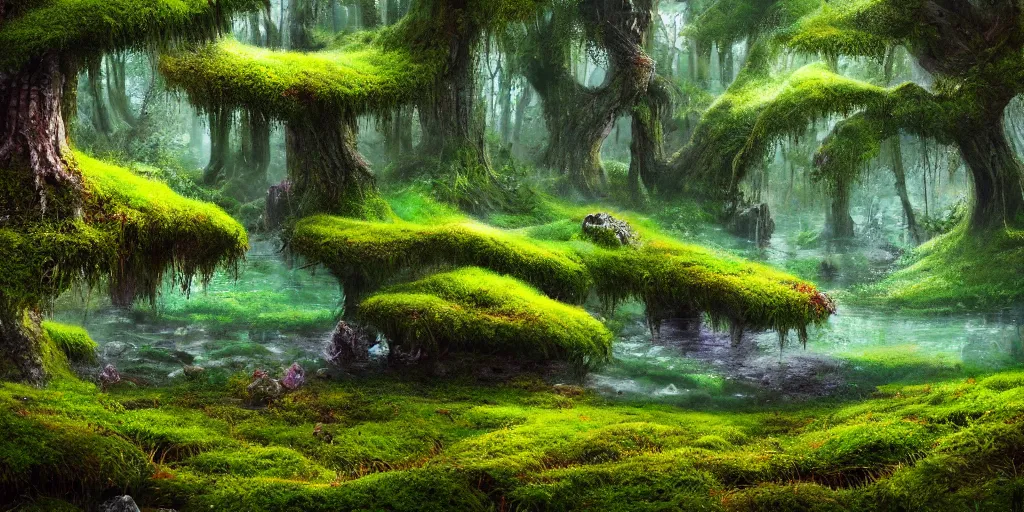 Image similar to gorgeous fields of moss landscape with glistening water, magical forest, brightly colored, magical, fantasy, landscape, beautiful, intricate details, highly detailed, sharp focus, concept art, digital painting, trending on artstation, still, screenshot, photo, photograph