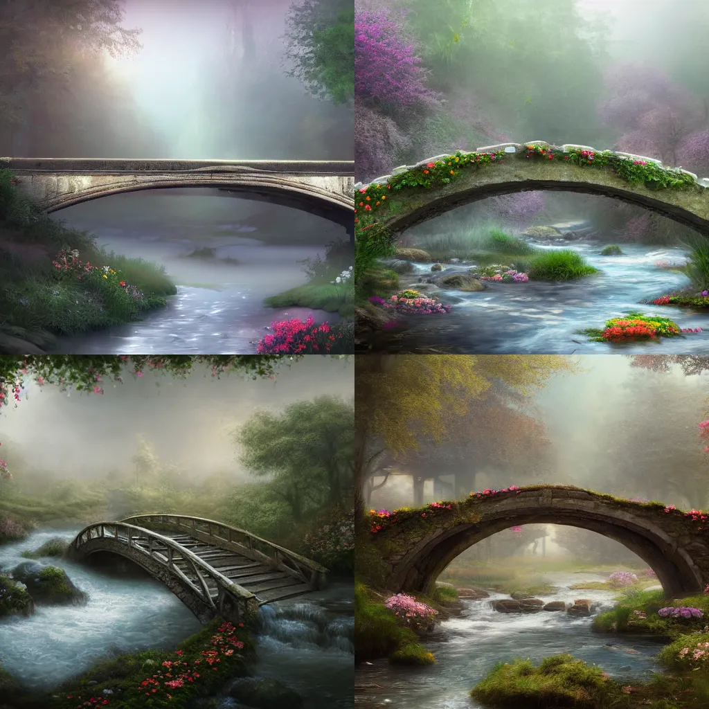 Image similar to matte painting of an old mason bridge decorated with flowers alongside above a small river stream, realistic, 4 k, artstation, dreamy, fog, volumetric lighting