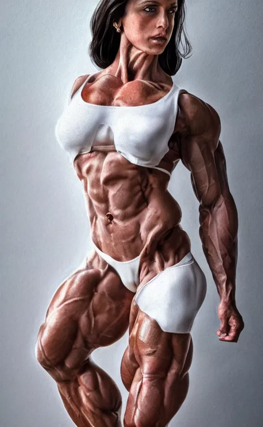 Prompt: realistic colorful photo portreit of extremely beautiful bodybuilder woman posing in white peignoir, full leight, ultra rendered extreme realism and detail, 8 k, highly detailed, realistic, photorealistic,