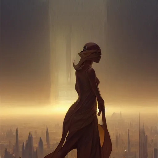 Image similar to a golden android stands alone in a vast city, fog, volumetric lighting, intricate, elegant, highly detailed, digital painting, artstation, concept art, smooth, sharp focus, art nouveau, art by artgerm and greg rutkowski and alphonse mucha