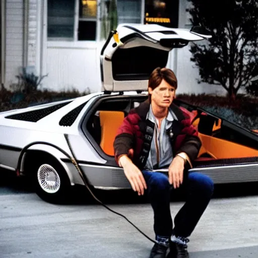 Image similar to Marty McFly listening to music with the Delorean, 80s style