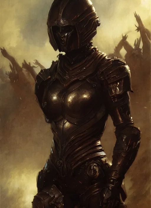 Image similar to red short haired muscular woman wearing flat black armour, detailed by gaston bussiere, bayard wu, greg rutkowski, giger, maxim verehin, greg rutkowski, masterpiece, sharp focus, cinematic lightning