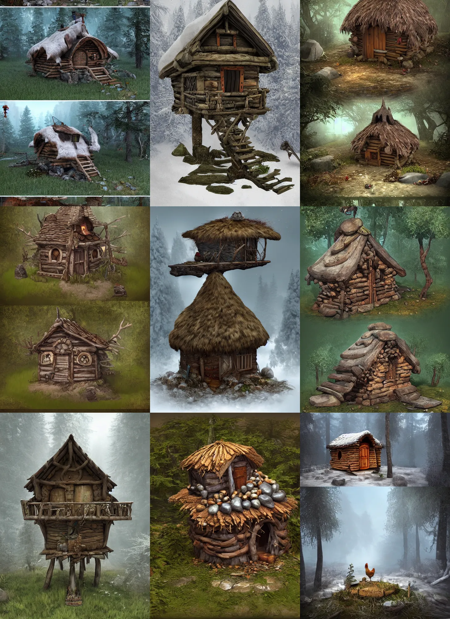 Image similar to hut on chicken legs a fantasy house Proto-Slavic mythology, a forest hut on chicken legs, where there are no windows or doors Houses with blank walls and an entrance through a hatch in the floor, a house raised 2-3 meters above the ground, Baba Yaga, full body, detailed and realistic, 4k, top-artstation, inspired blizzard games, octane render