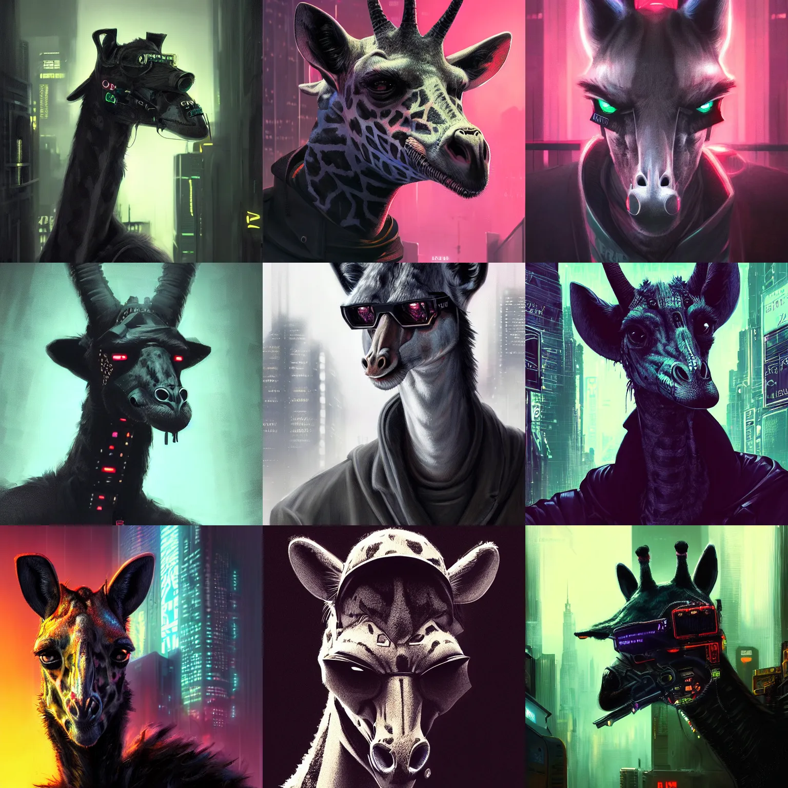 Prompt: portrait of furry detecive in the neon noir cyberpunk city furry anthropomorphic giraffe in black hat, epic portrait illustration, darek zabrocki, noah bradley, artstation, photorealistic close - up portrait, detailed illustration portrait, incredible details, disney stylized furry, dark cyberpunk illustration