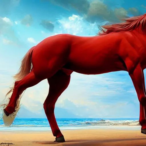 Image similar to beautiful commission of a male anthropomorphic horse wearing red shorts on the beach,digital art,art by greg rutkowski,ross tran,character design by charlie bowater,artstation,deviantart,photorealistoc,hyperdetailed,detailed face,high resolution,high quality