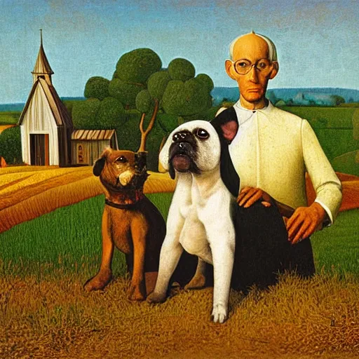 Image similar to two dogs portrait in front of a farmland, grant wood, american gothic from grant wood style