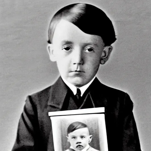 Image similar to adolf hitler as a little child in a school uniform carrying books, mustache, white background