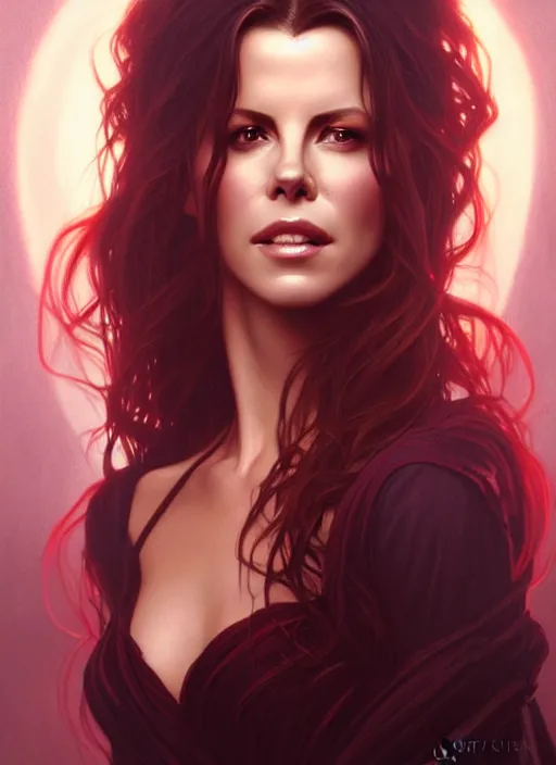 Image similar to portrait of kate beckinsale as a vampire queen, jewelry, greek, ruby, intricate, headshot, highly detailed, digital painting, artstation, concept art, sharp focus, cinematic lighting, illustration, art by artgerm and greg rutkowski, alphonse mucha, cgsociety