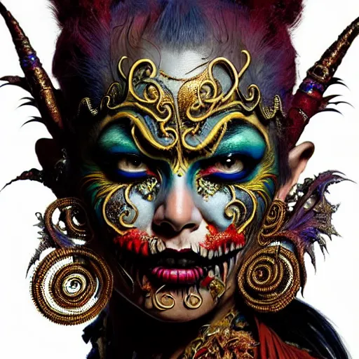 Image similar to uhd photorealisitc authentic two - face wearing ornate costume and intricate voodoo makeup, intricate details, vivid colors, frightening surroundings, studio lighting, correct details, in the style of amano, karol bak, akira toriyama, and greg rutkowski