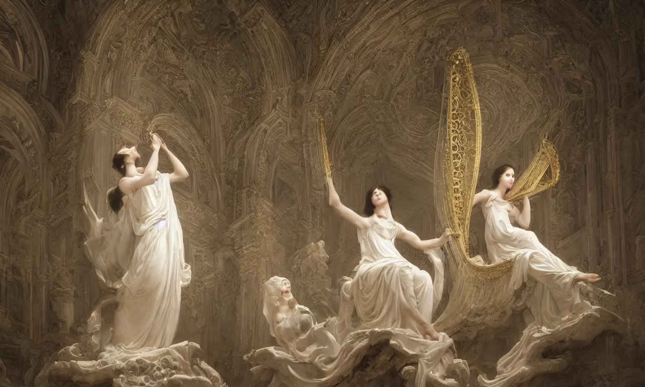 Prompt: a luminous fairytale of a beautiful realistic woman playing the harp in a baroque white marble cathedral. Neon light, masterpiece 4k digital illustration by Ruan Jia and Mandy Jurgens and Artgerm and William-Adolphe Bouguereau, award winning, Artstation, Gustave Dore' background, intricate details, realistic, panoramic view, volumetric lighting, Hyperdetailed, 8k resolution, intricate art nouveau, rendered in Unreal Engine 3