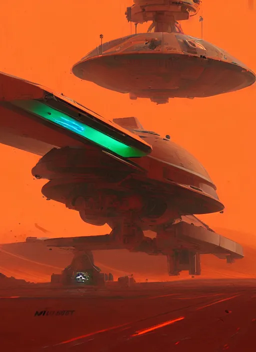 Image similar to cyberpunk cargo starship landing on the orange surface of mars, red and green hour, by ismail inceoglu