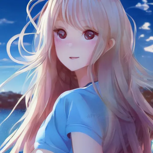 Image similar to a very beautiful anime girl, full body, long wavy blond hair, sky blue eyes, full round face, short smile, cute top, short jeans, summer lake setting, cinematic lightning, medium shot, mid-shot, highly detailed, trending on Artstation, Unreal Engine 4k, cinematic wallpaper by Stanley Artgerm Lau, WLOP, Rossdraws, James Jean, Andrei Riabovitchev, Marc Simonetti, and Sakimichan