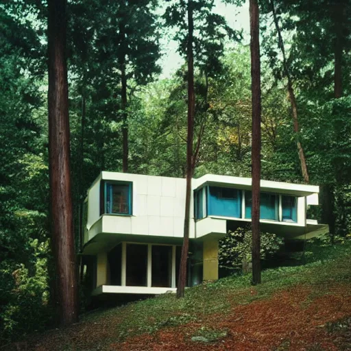 Prompt: architecture ad for a mid-century modern house in the middle of the forrest, designed by Frank Gehry. Film grain, cinematic, blue hue