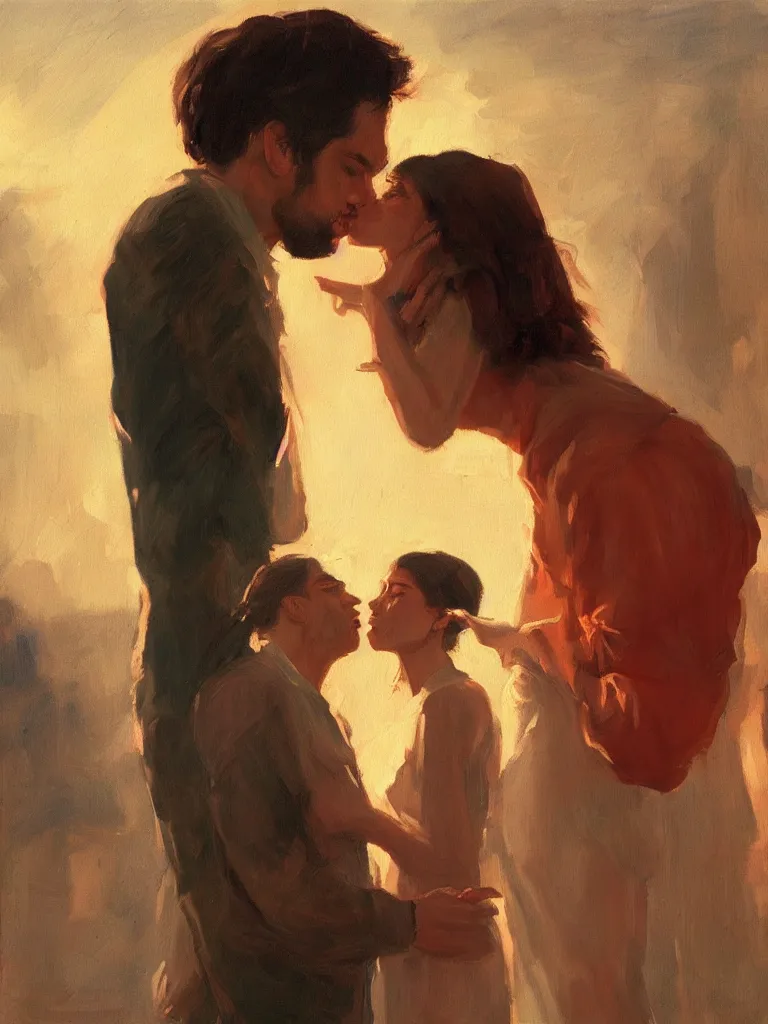 Image similar to masterpiece painting by salman toor, of a solo individual portrait of a guy and a girl kissing, cinematic light, renaissance, atmospheric effects, artstation