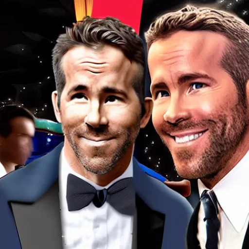 Image similar to romantic comedy staring ryan reynolds and donald trump