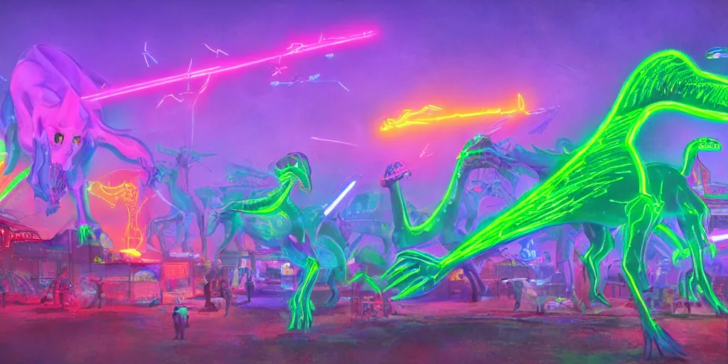 Image similar to neon laser dinosaurs at the county fair by makoto shinkai