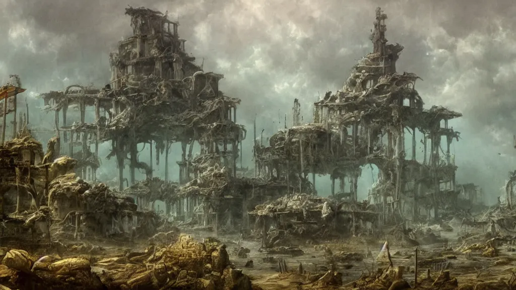 Image similar to a landscape of ruined underwater civilisation