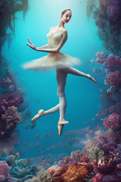 Image similar to ballerina alone at the bottom of the great barrier reef by jaques cousteau, digital art, smooth, focus, highly detailed, hyper realistic, intricate, concept art, art by wlop