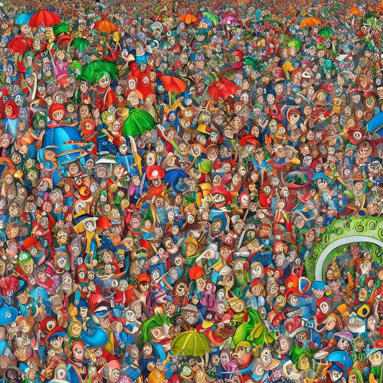 Prompt: an incredibly detailed masterpiece photo of a Where's Waldo puzzle by bosch and lisa frank, ornate, beautiful, bold colors, detailed, high resolution, wow!, realistic, photorealism, intricate, 4k octane render, unreal engine, zbrush, vfx, very realistic