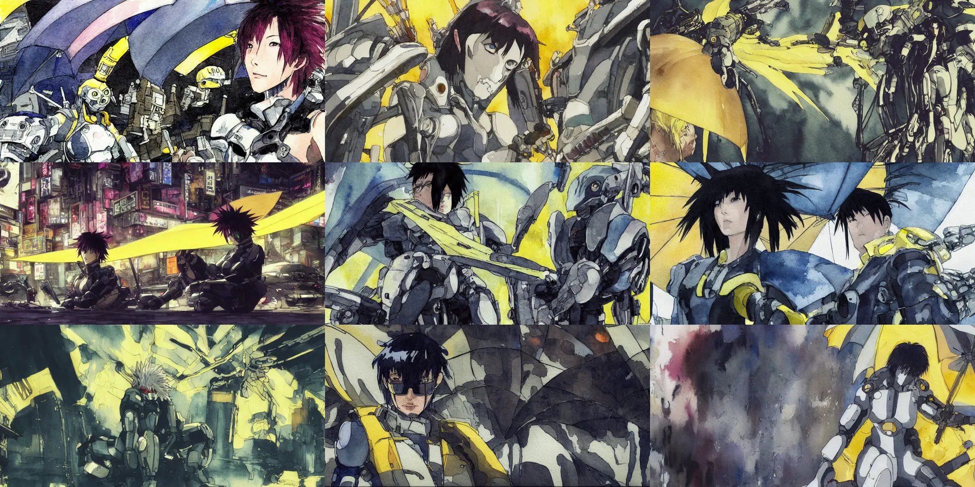 Prompt: incredible wide screenshot, simple watercolor, masamune shirow ghost in the shell movie scene close up broken Kusanagi sitting under a striped yellow and white umbrella in deserted shinjuku, chameleon face muscle robot monster in the background, ghost, teeth,black smoke, pale yellow sky, sunset, bright flash, texture, strange, impossible, fur, spines, mouth, laser, brain, shell, fight, potato skin, brown mud, dust, titanic tank with legs, robot arm, ripped to shreds, bored expression, overhead wires, telephone pole, sparks, lightning, electricity, light rain, shinjuku, cherry blossom, hd, 4k, remaster, dynamic camera angle, deep 3 point perspective, fish eye, dynamic scene