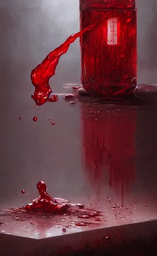 Prompt: a beautiful painting illustration of a health potion, red liquid, scratched glass, bubbles, crimson, by greg rutkowski, featured on artstation, rpg item