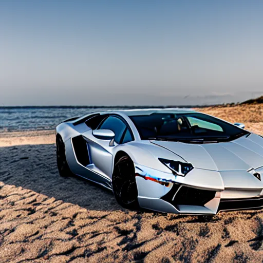 Prompt: A beautiful silver Lamborghini aventador on the beach, 8k