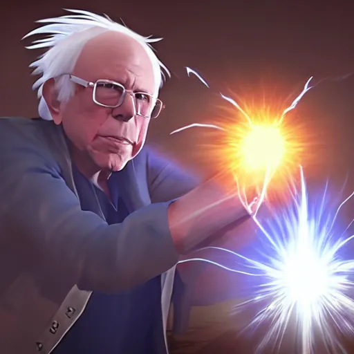 Prompt: bernie sanders with super saiyan hair charging up for a kamehameha, artstation, octane render, highly detailed