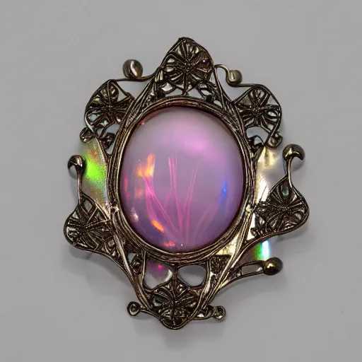 Prompt: a beautifully lit museum photograph of art nouveau iridescent pink glass sculptural iris brooch, intricate, complex, detailed, with silver filigree