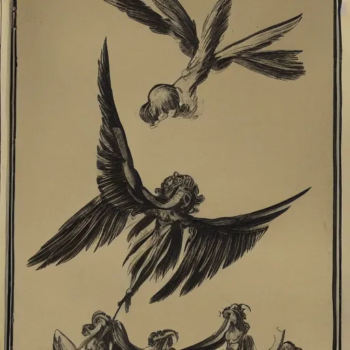 Image similar to A beautiful illustration of a winged creature, possibly an angel, flying high above a group of people in a dark, wooded area. The creature's wings are spread wide and its head is turned upwards, as if it is looking towards the sky. The people below are looking up at the creature with a mixture of awe and fear. by Miriam Schapiro manmade