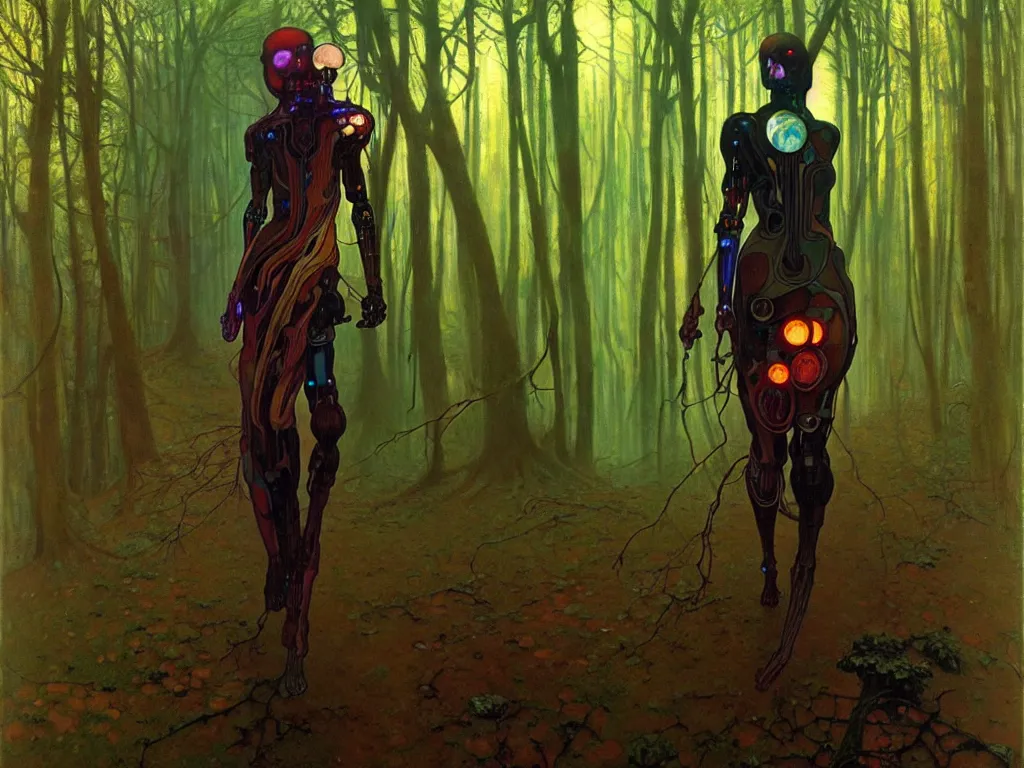 Prompt: a cyborg in mantle walking in a forest, refracted lighting, art by collier, albert aublet, krenz cushart, artem demura, alphonse mucha, eo - gothic, gothic, rich deep colors. beksinski painting, francis bacon, masterptiese